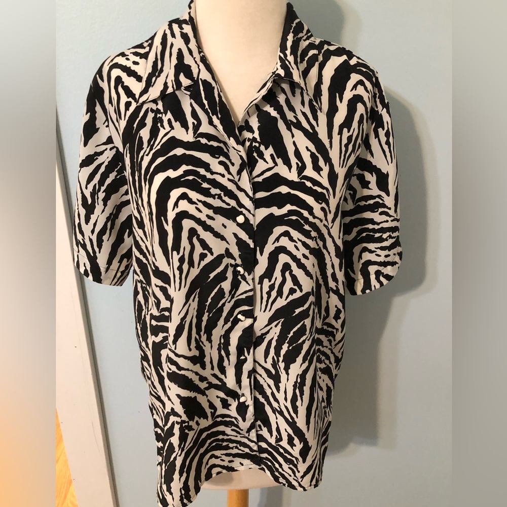 Vintage 80s Zebra Print Button Down Shirt Blouse size 8 Medium